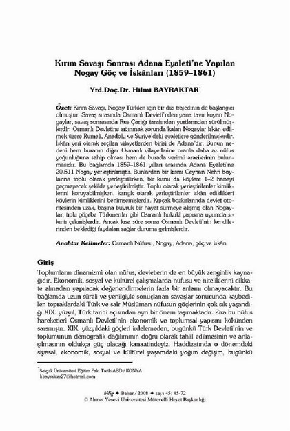 KIRIM SAVAŞI SONRASI ADANA EYALETİ'NE YAPILAN NOGAY GÖÇ VE İSKANLARI 1859-1861 