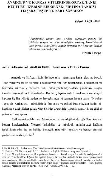 ANADOLU VE KAFKAS MİTLERİNDE ORTAK TANRI KÜLTÜRÜ ÜZERİNE BİR ÖRNEK ; FIRTINA TANRISI TEİŞEBA - TEŞUP VE NART SOSRIKO