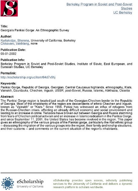 GEORGIA'S PANKISI GORGE ; AN ETNOGRAPHIC SURVEY