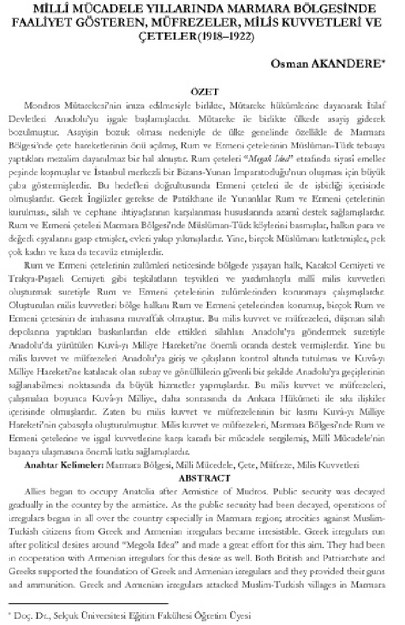 MİLLİ MÜCADELE YILLARINDA MARMARA BÖLGESİNDE FAALİYET GÖSTEREN MÜFREZELER, MİLİS KUVVETLERİ CE ÇETELER 1918-1922