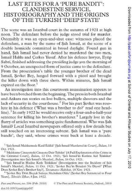 LAST RITES FOR A PURE BANDIT CLANDESTINE SERVICE, HISTORIOGRAFHY AND THE ORIGINS OF THE TURKISH DEEP STATE