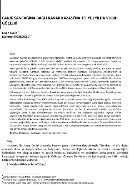 CANİK SANCAĞINA BAĞLI KAVAK KAZASI'NA 19.YY. DA VUBIH GÖÇLERİ