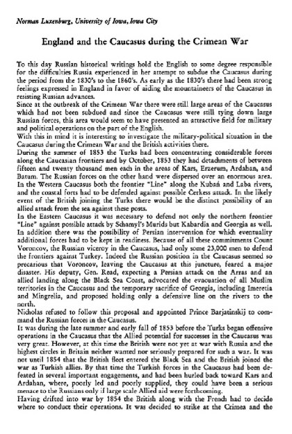 ENGLAND AND THE CAUCASUS DURING THE CRIMEAN WAR