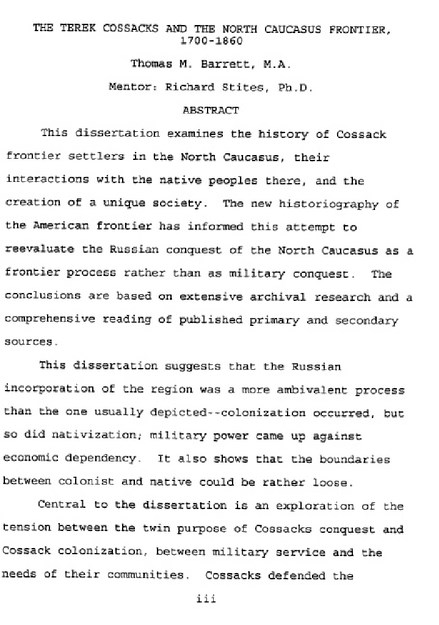 THE TEREK COSSACKS AND THE CAUCASUS FRONTIER, 1700-1860