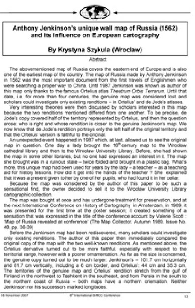 ANTHONY JENKINSON'S UNIQUE WALL MAP OF RUSSIA AND ITS INFLUENCE ON EUROPEAN CARTOGRAPHY